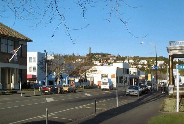 St Hill Street, view towards Durie Hill with lookout tower on top. Note Opera House pillars on right!